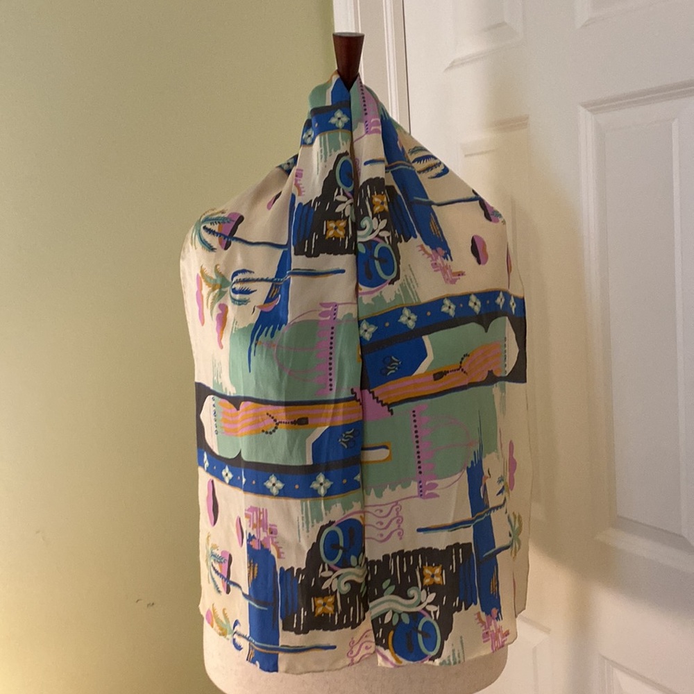 NWOT Silk tropical print in cream, sea-foam, blue, gray & pink scarf